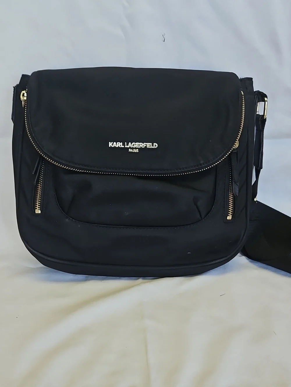 Karl Lagerfeld Black Messenger Bag with Gold Hardware